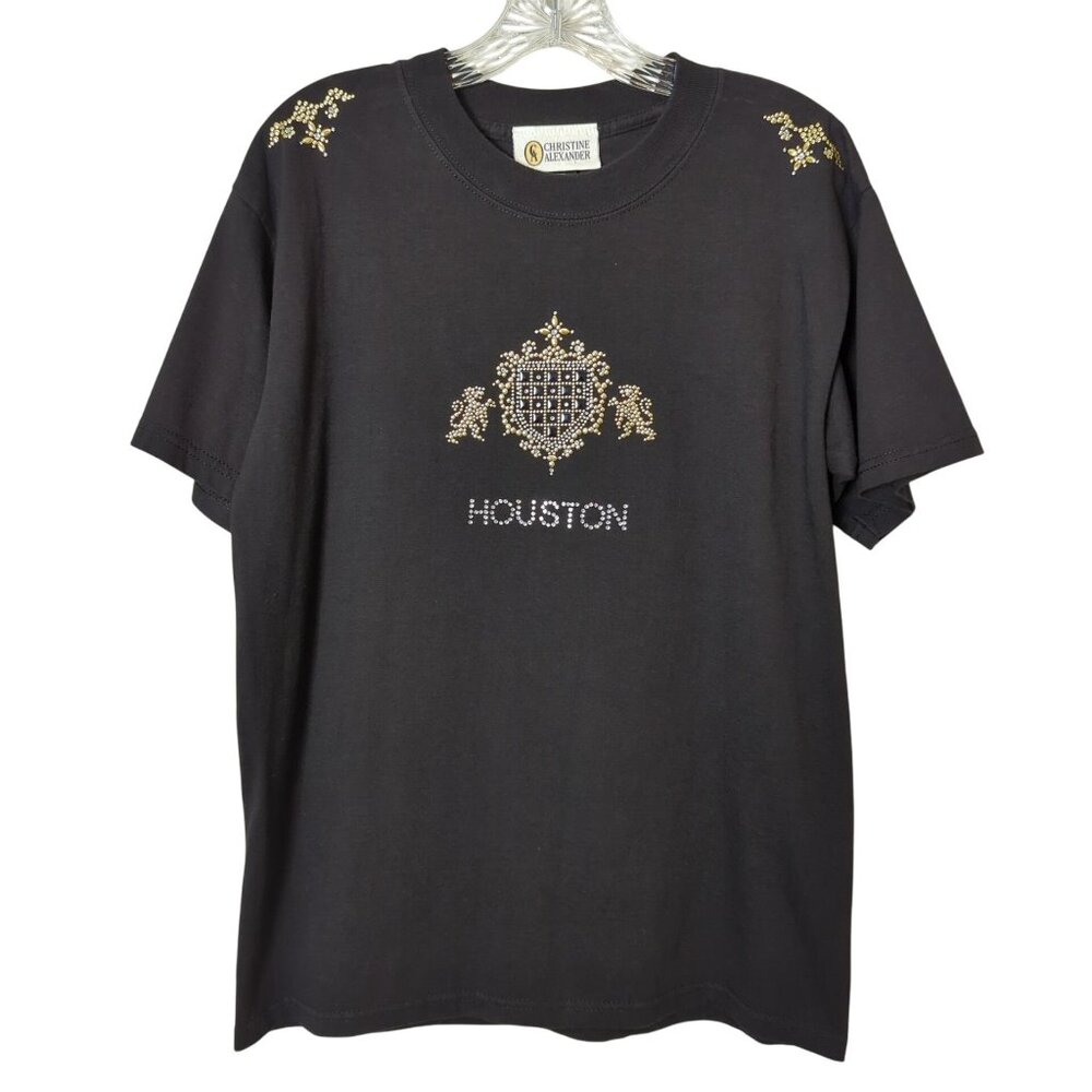 CHRISTINE ALEXANDER short sleeve black gold Rhinestone Houston Tshirt Tee M